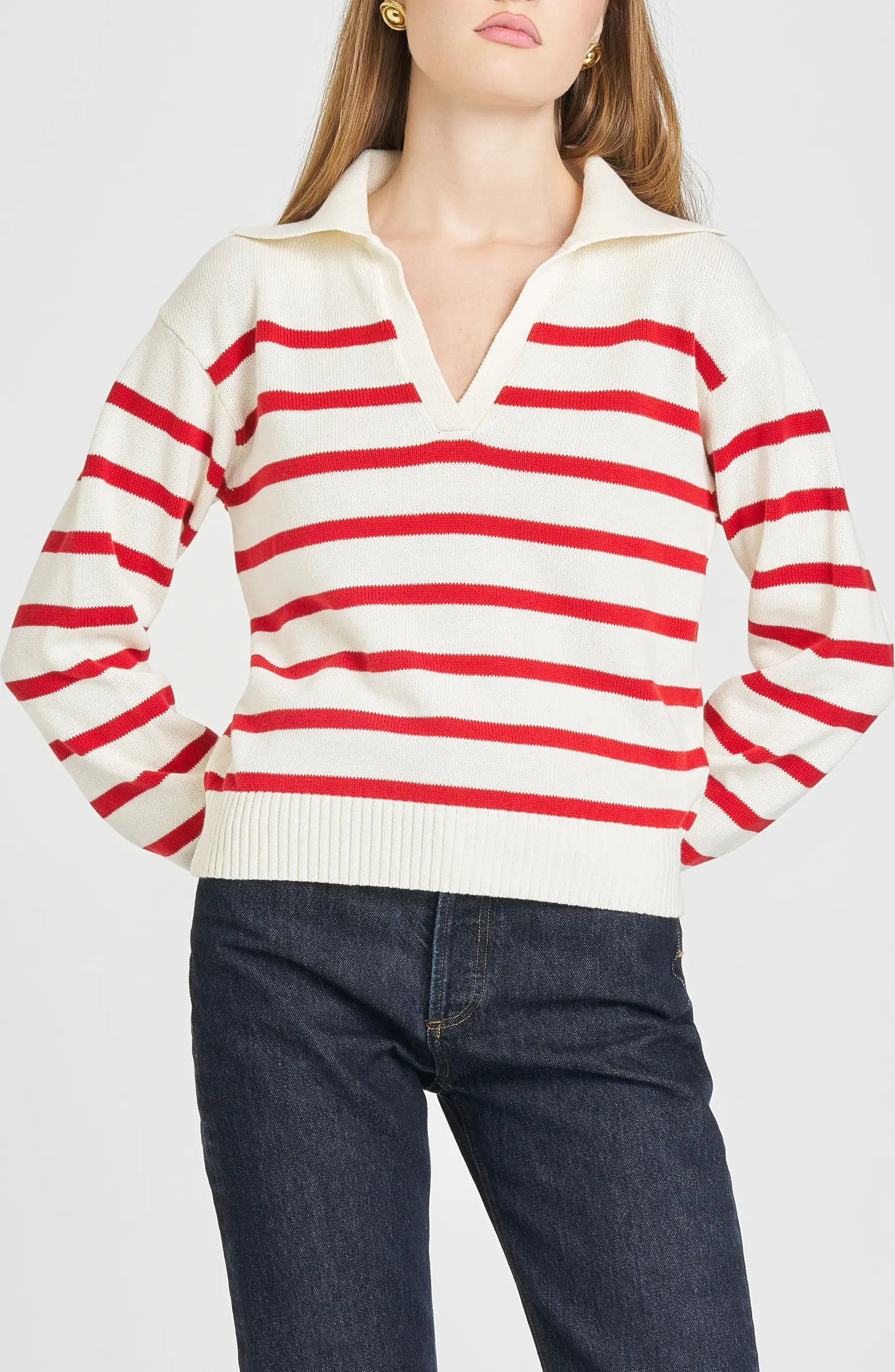 WAYF Port Stripe Johnny Collar Cotton Sweater | Nordstrom | Nordstrom