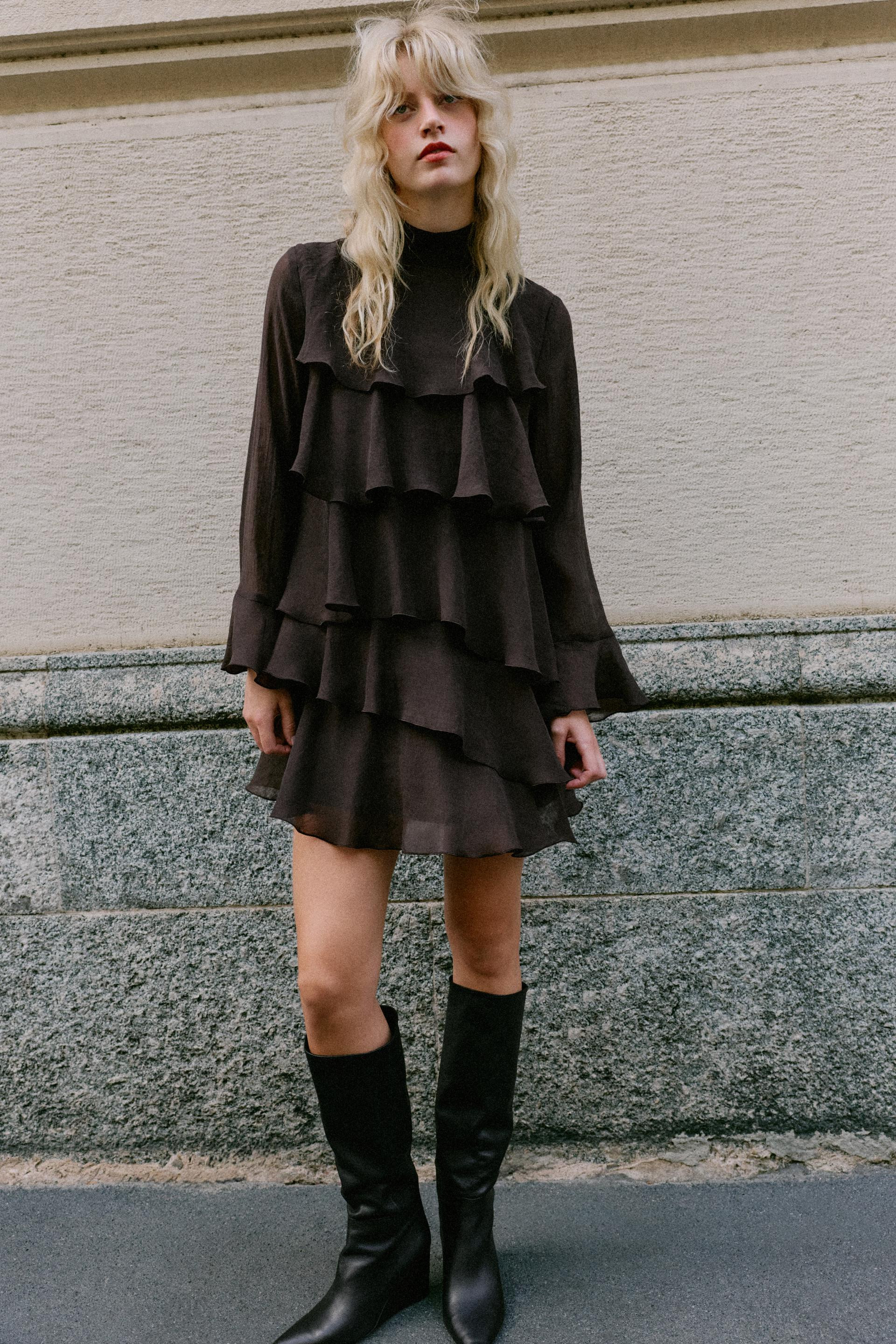 Zara - Mini Rufle Dress - Brown - L - Woman | Zara US