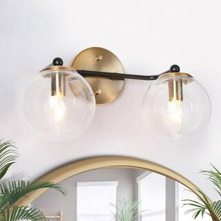 ZEVNI 14.5 in. 2-Light Brass Gold Modern Bathroom Vanity Light, Globe Seeded Glass Bath Lighting, Bl | The Home Depot