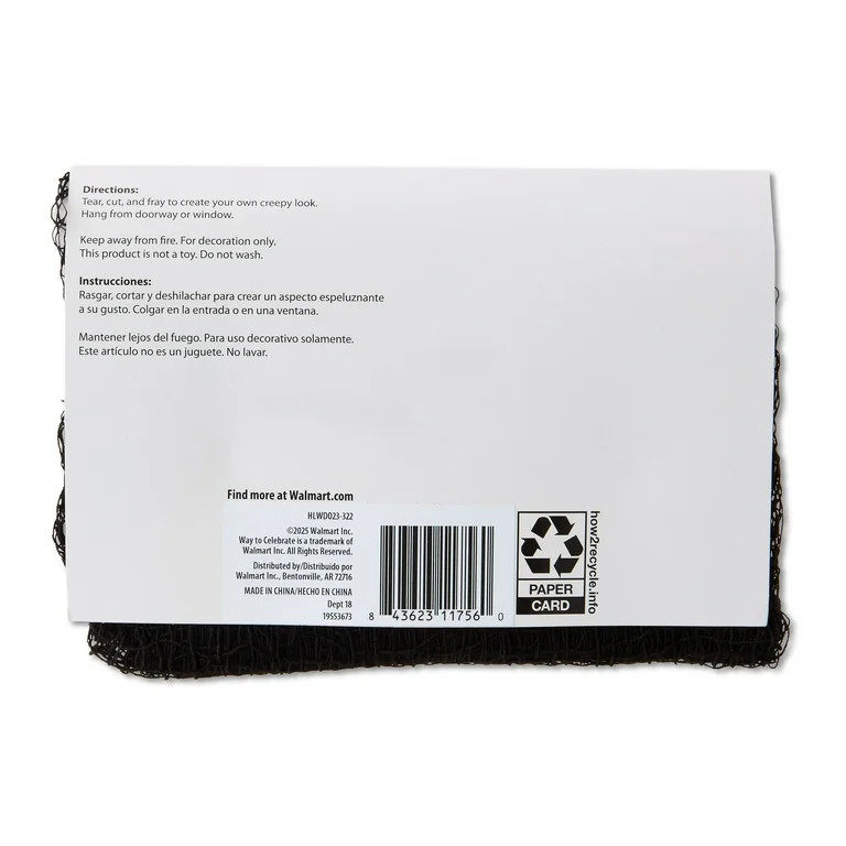 Creepy Gauze Decoration, Black, 84", Halloween by Way To Celebrate - Walmart.com | Walmart (US)