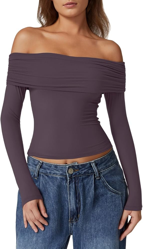 QINSEN Womens Off The Shoulder Tops Double Lined Long Sleeve T Shirts Slim Fitted Stretchy Crop T... | Amazon (US)