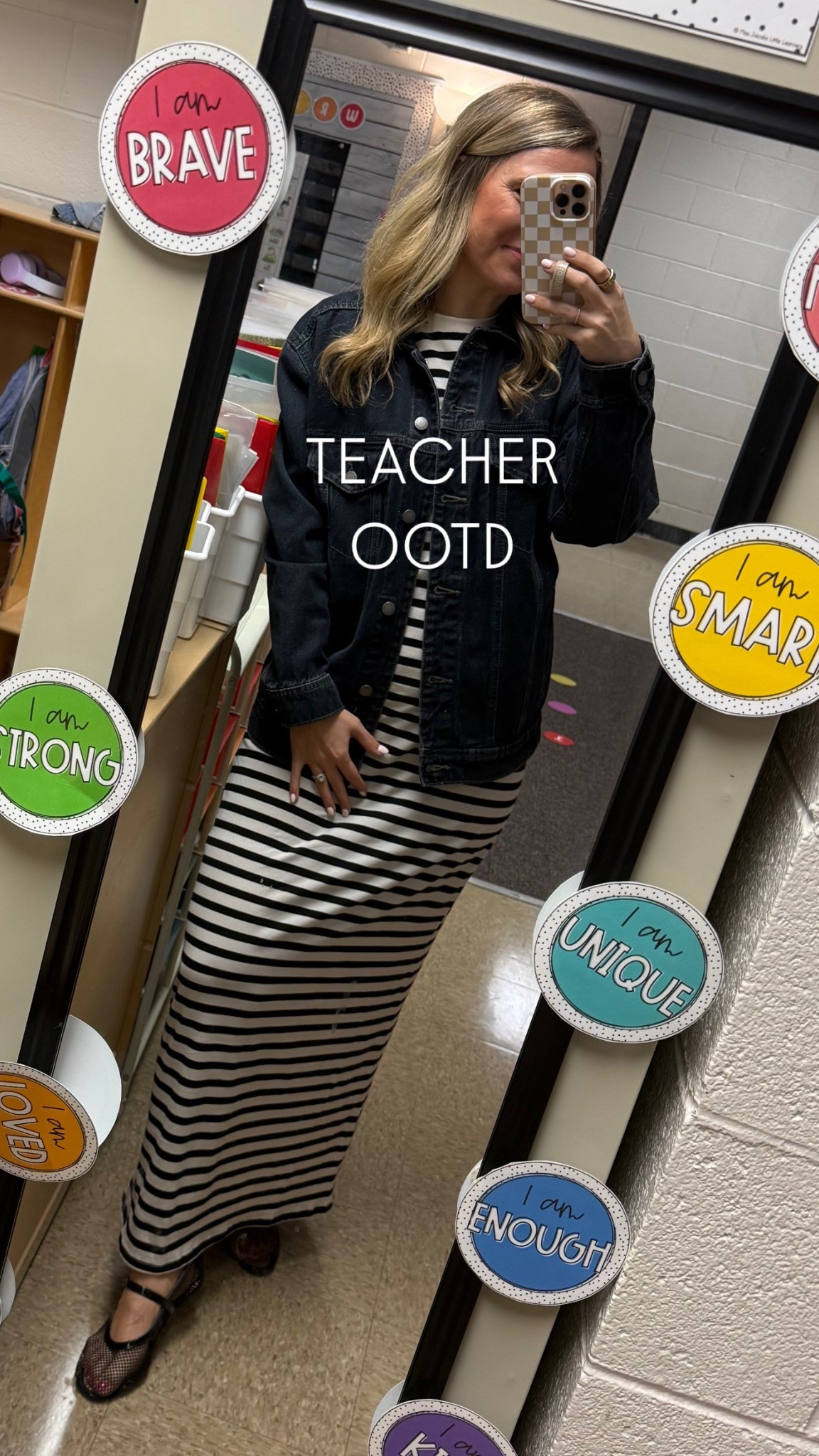 Teacher OOTD — Target edition!
From earrings to jacket to dress to shoes… it’s a full Target takeover today.
This black + white striped maxi is PERFECT for spring, and I love how it pairs with this black denim jacket!

The shoes? Okay… I wasn’t sure at first. But I think I finally figured out how to style them??
What do we think—yay or nay on the shoes?

#targetstyle #teacherootd #springstyle #targetfinds #teacherfashion #ootd #targethaul #styleinspo #whatiwore #teachstyle #teacheroutfit #teacheroutfitinspo

#LTKSaleAlert #LTKFindsUnder50 #LTKStyleTip