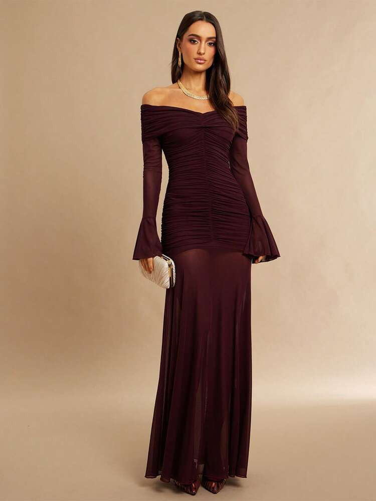 Silquee This Women's Off-The-Shoulder, Pleated, Fitted, Sheer, Bell-Sleeved, Slim-Fitting Maxi Dress Is Perfect For Valentine's Day, Elegant Parties, And Everyday Wear. The Burgundy Color And Flowing Skirt Make It Suitable For Various Occasions, Including Vacations, Weddings, Birthdays, And Graduations. The Fitted Cut Makes It A Versatile Choice For Autumn/Winter Wear, Christmas Costumes, Halloween Outfits, Dates, Wedding Dresses, And Formal Wedding Attire. | SHEIN