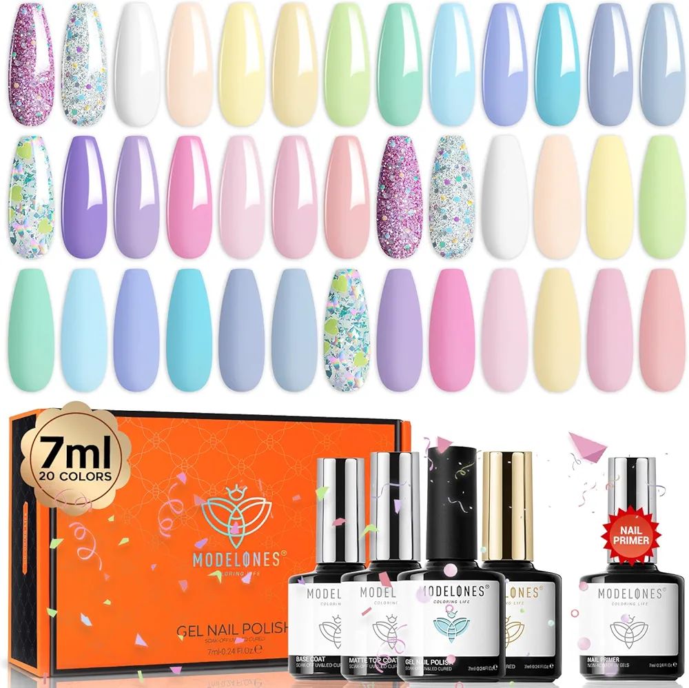 Modelones Gel Nail Polish Kit 24Pcs, Pastel Spring 20 Colors 7ML Glitters Summer Gel Polish Set w... | Amazon (US)