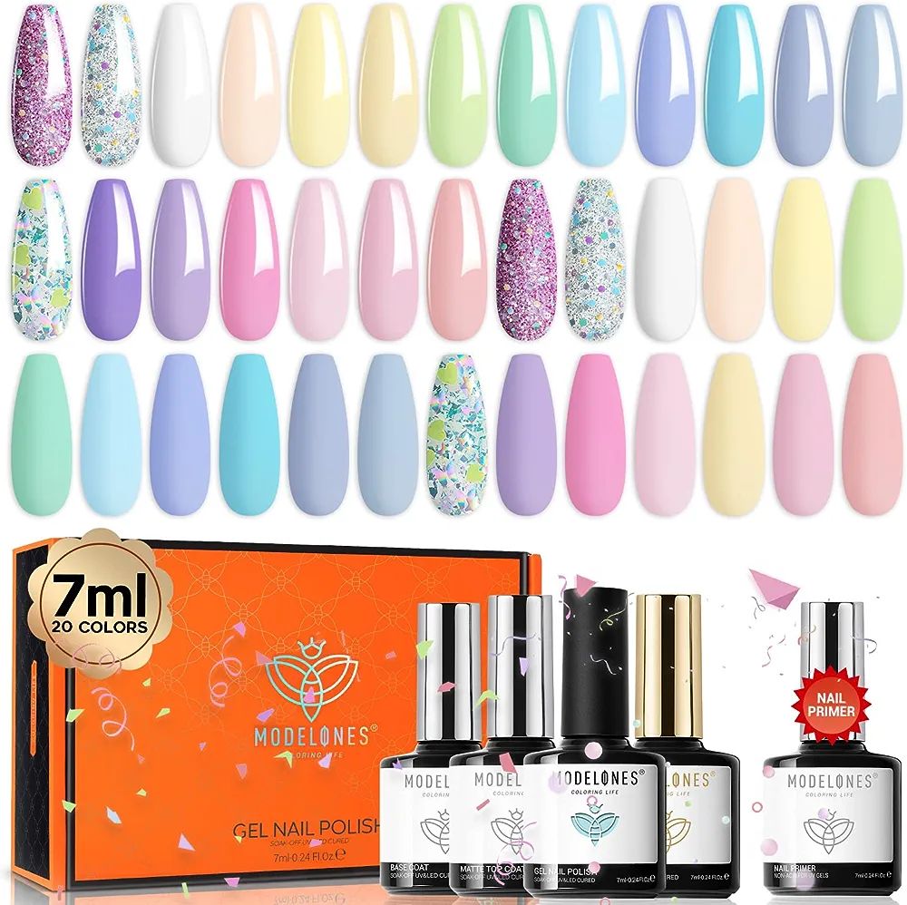 Modelones Gel Nail Polish Kit 24Pcs, Pastel Spring 20 Colors 7ML Glitters Summer Gel Polish Set w... | Amazon (US)