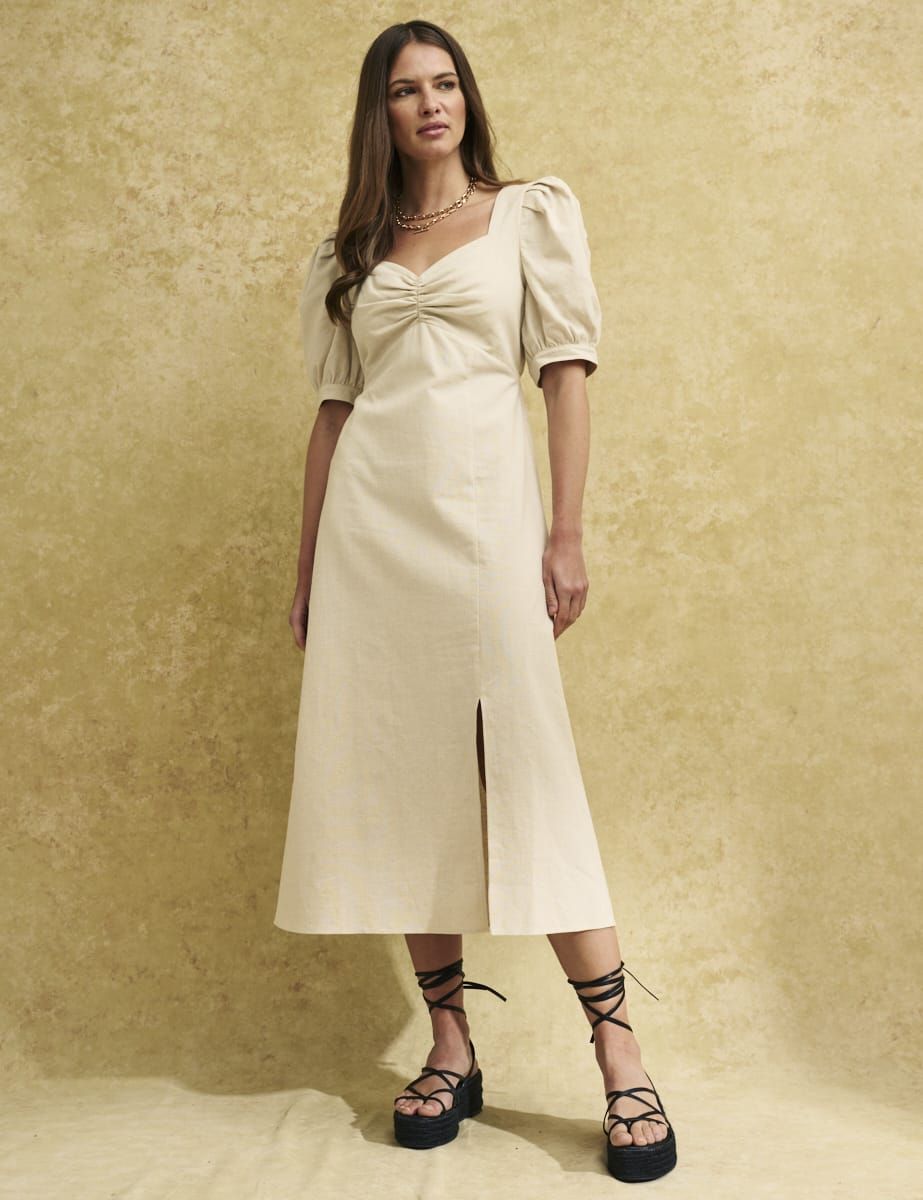 Cream Linen-blend Sweetheart Rosie Midi Dress | Nobody's Child
