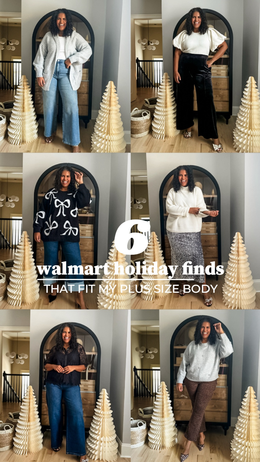 Walmart holiday finds that fit my plus size body. Everything is true to size except the velvet pants (size at least one down) and the velvet blazer (size one down). Wearing size 20 in jeans and size 2x in all plus items. 

#LTKStyleTip #LTKHoliday #LTKPlusSize