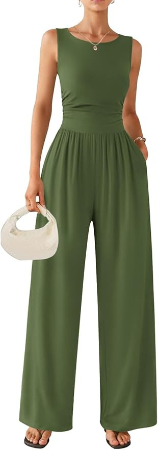 Ekouaer Jumpsuits for Women One Piece Jumpsuit Wide Leg Sleeveless Crewneck Casual Womens Romper ... | Amazon (US)
