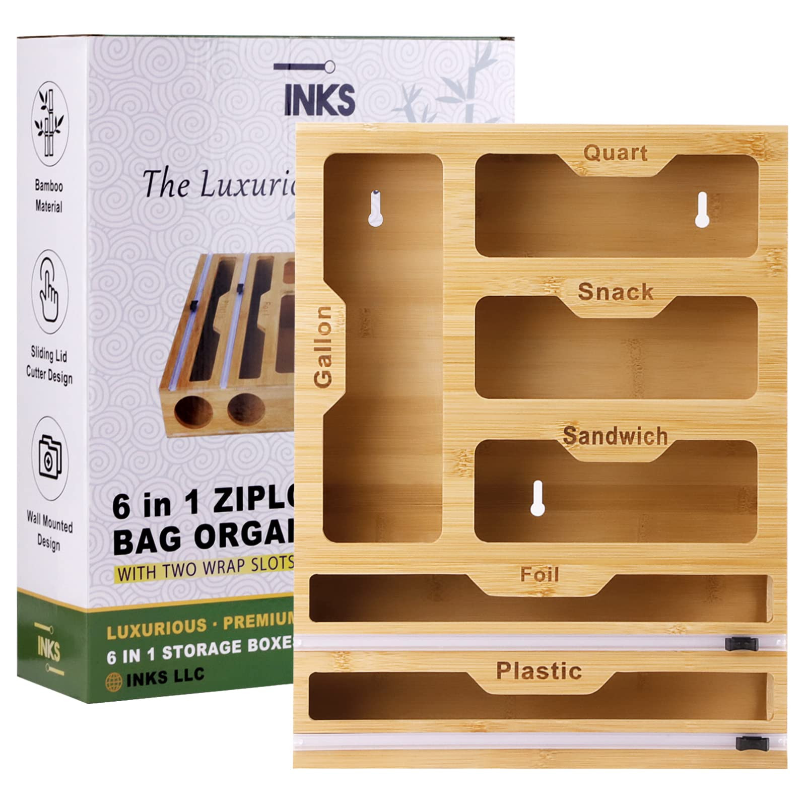 INKS Bamboo Ziplock Bag Organizer for Drawer, 6 in 1 Aluminum Foil and Plastic Wrap Dispenser Wit... | Amazon (US)