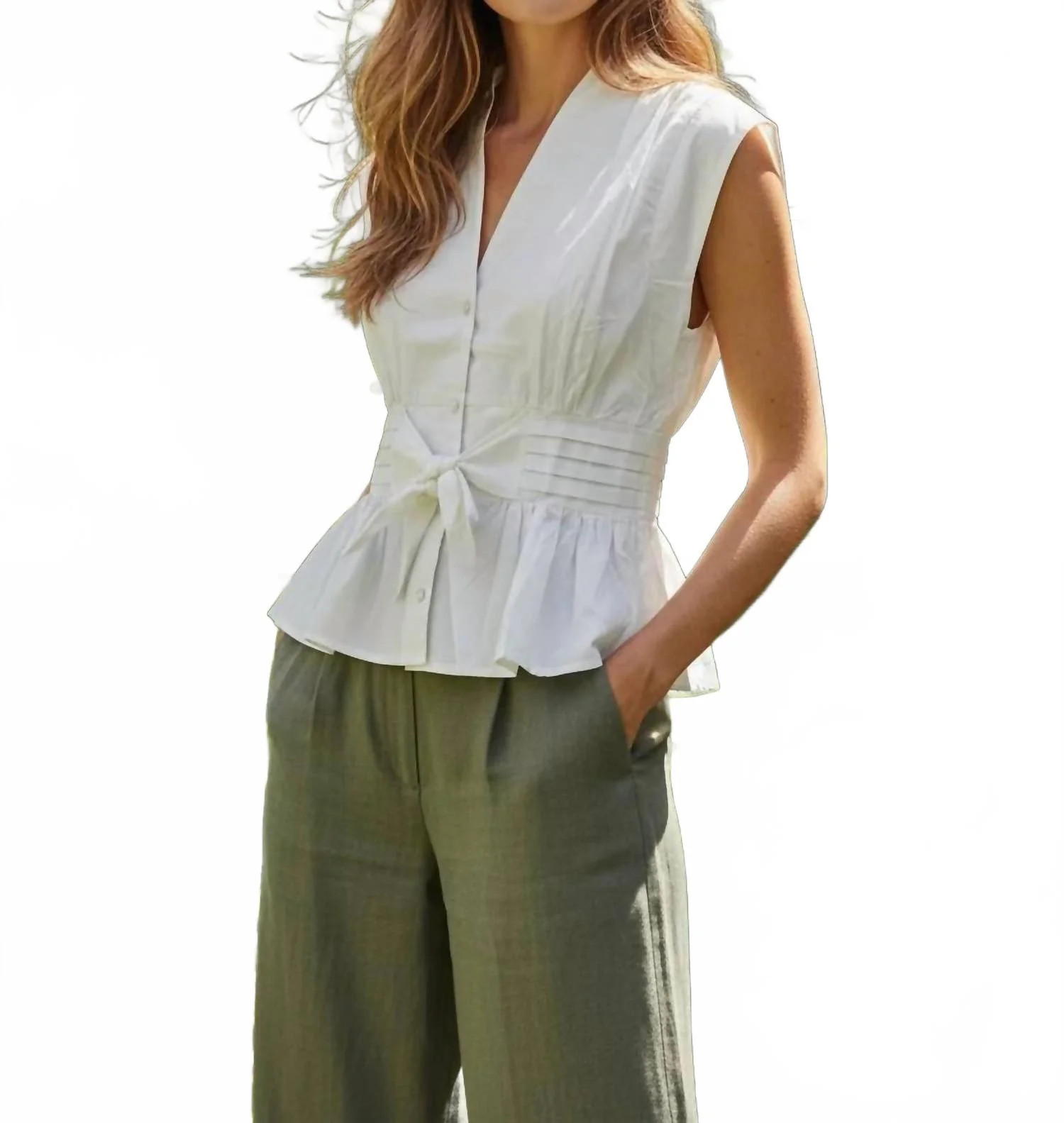 Women's V-Neck Button Top In Cream | Shop Simon