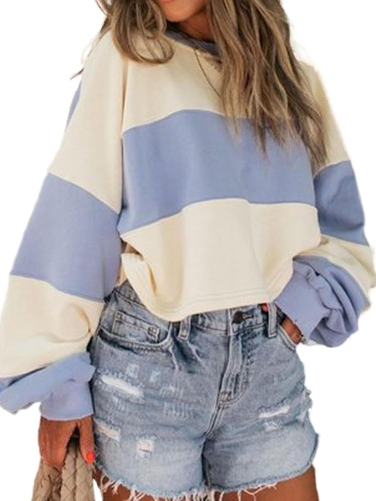 Avanova Women Color Block Striped Cropped Sweatshirt Oversized Crewneck Pullover | Amazon (US)