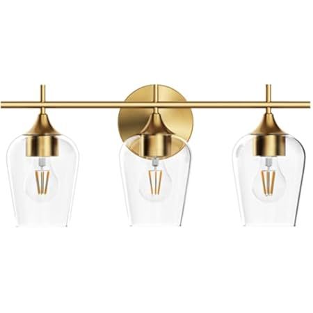 Ralbay Gold Bathroom Vanity Light 3-Lights Vintage Gold Vanity Lights Wall Lighting Clear Glass Gold | Amazon (US)