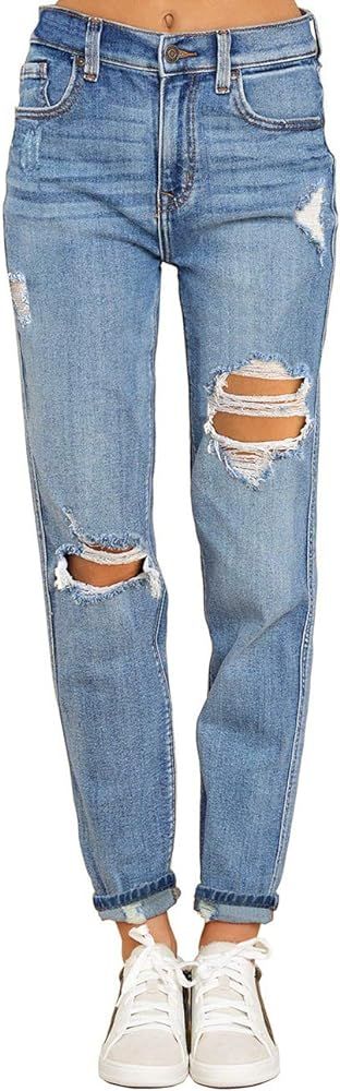 Amazon.com: Vetinee Women's Light Blue High Rise Destroyed Boyfriend Tapered Jeans Washed Distres... | Amazon (US)