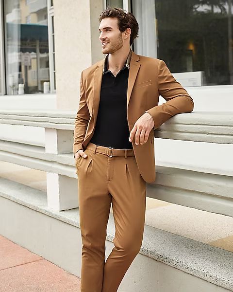 Slim Solid Camel Belted Hyper Stretch Cropped Suit Pant | Express