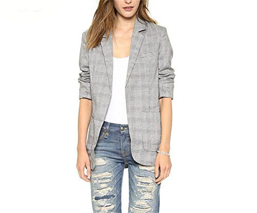 Patrickcain Women's Boyfriend Slim Fit Plaid Open-front Blazer Jacket W Pocket,Grey,Medium | Amazon (US)