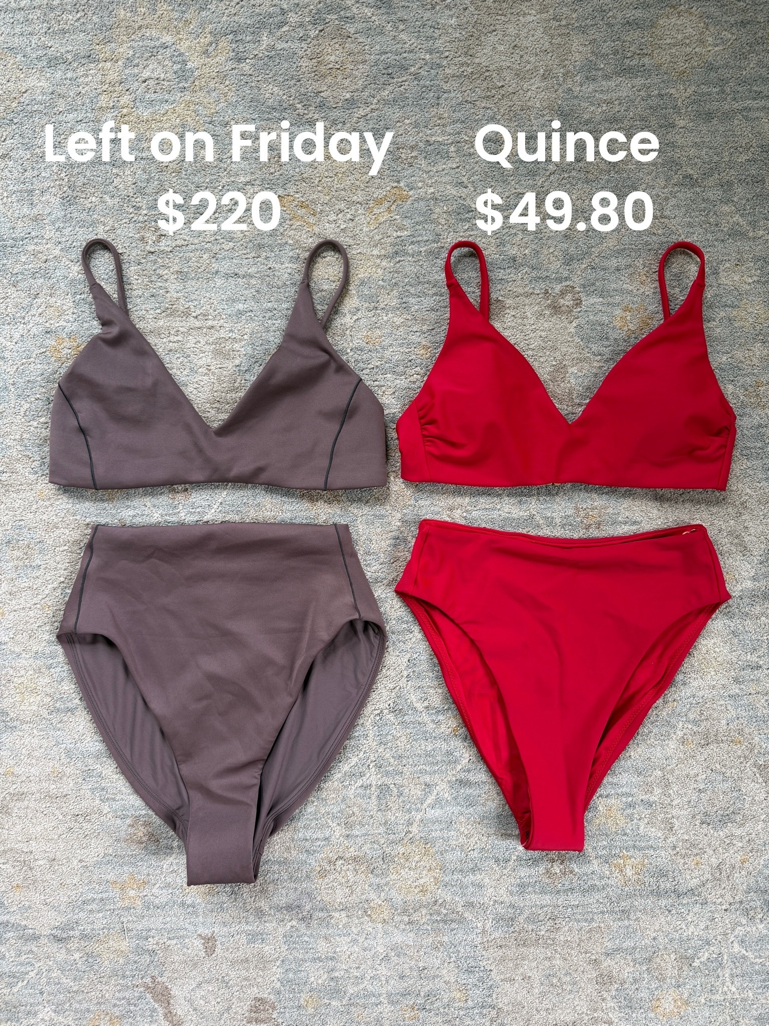 Left on Friday versus Quince high-rise bikini comparison. I wore a small in top and bottom for LOF and XS top for Quince. Needed small bottom. XS pictured.