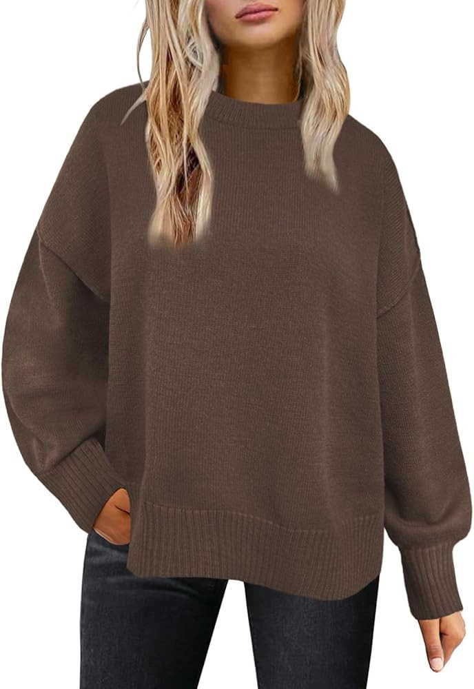 Womens Sweaters Crewneck Long Sleeve Pullover Tops Loose Fit Soft Knit Ribbed Hem Side Slit Casua... | Amazon (US)