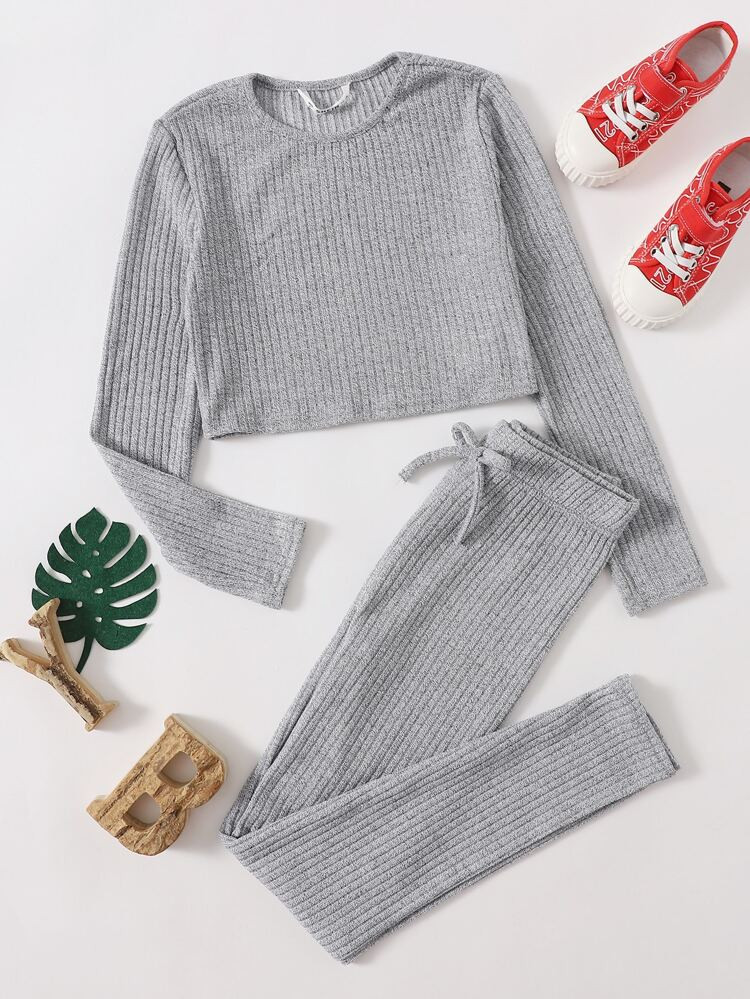 SHEIN Girls Rib-knit Crop Top & Knot Waist Leggings Set | SHEIN