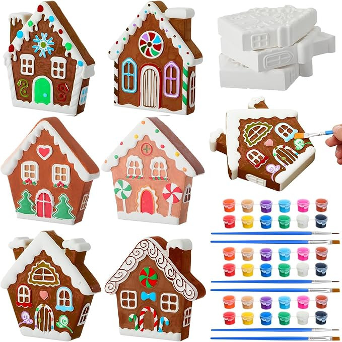 Vertintong 6 Pcs Ceramic Christmas Gingerbread Village House to Paint Craft Kits, Xmas Paintable ... | Amazon (US)