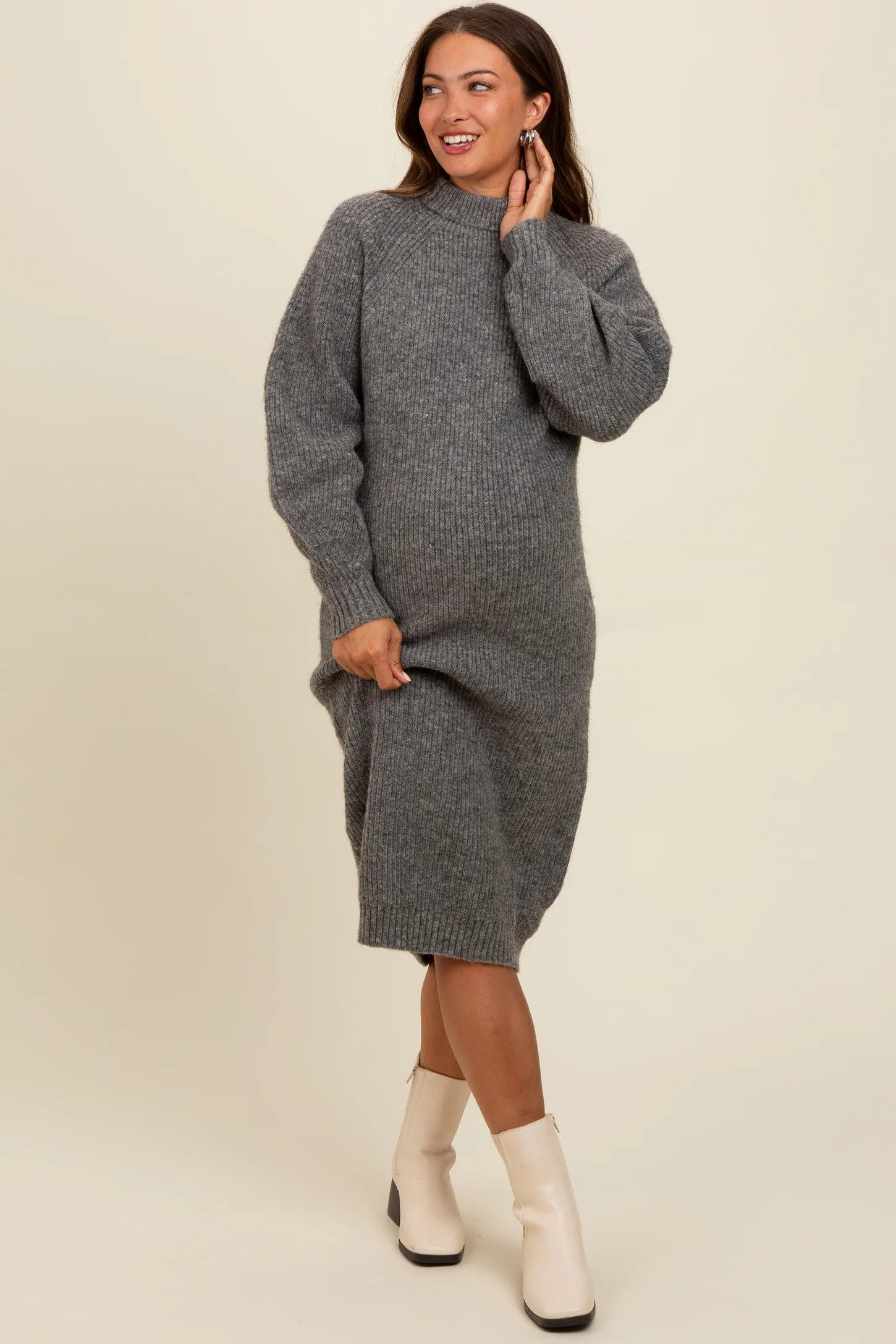 Charcoal Mock Neck Bubble Sleeve Maternity Midi Sweater Dress | PinkBlush Maternity