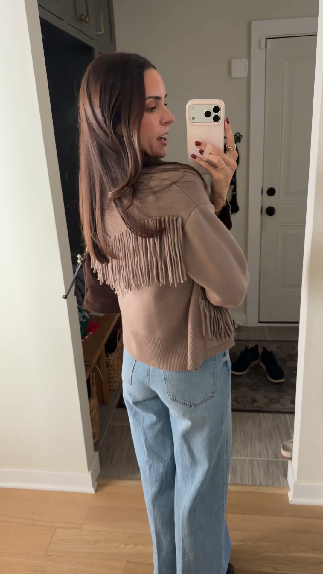 Fringe cardigan is on sale!! True to size (S) 
Jeans: true to size (26) 
Flats: size up for half sizes 

@Splendid @Pistola Denim @OAK + FORT @Boden (US) @Strathberry