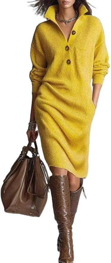 Kinghua Sweater Dresses for Women Fall Loose Fit Lapel V Neck Mid Length Knit Tops Pullover Winte... | Amazon (US)