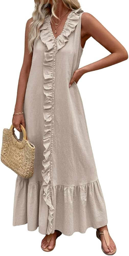 chouyatou Women's Summer Beach Cotton Tank Dress Linen Boho Sleeveless Tiered Ruffle Maxi Long Su... | Amazon (US)