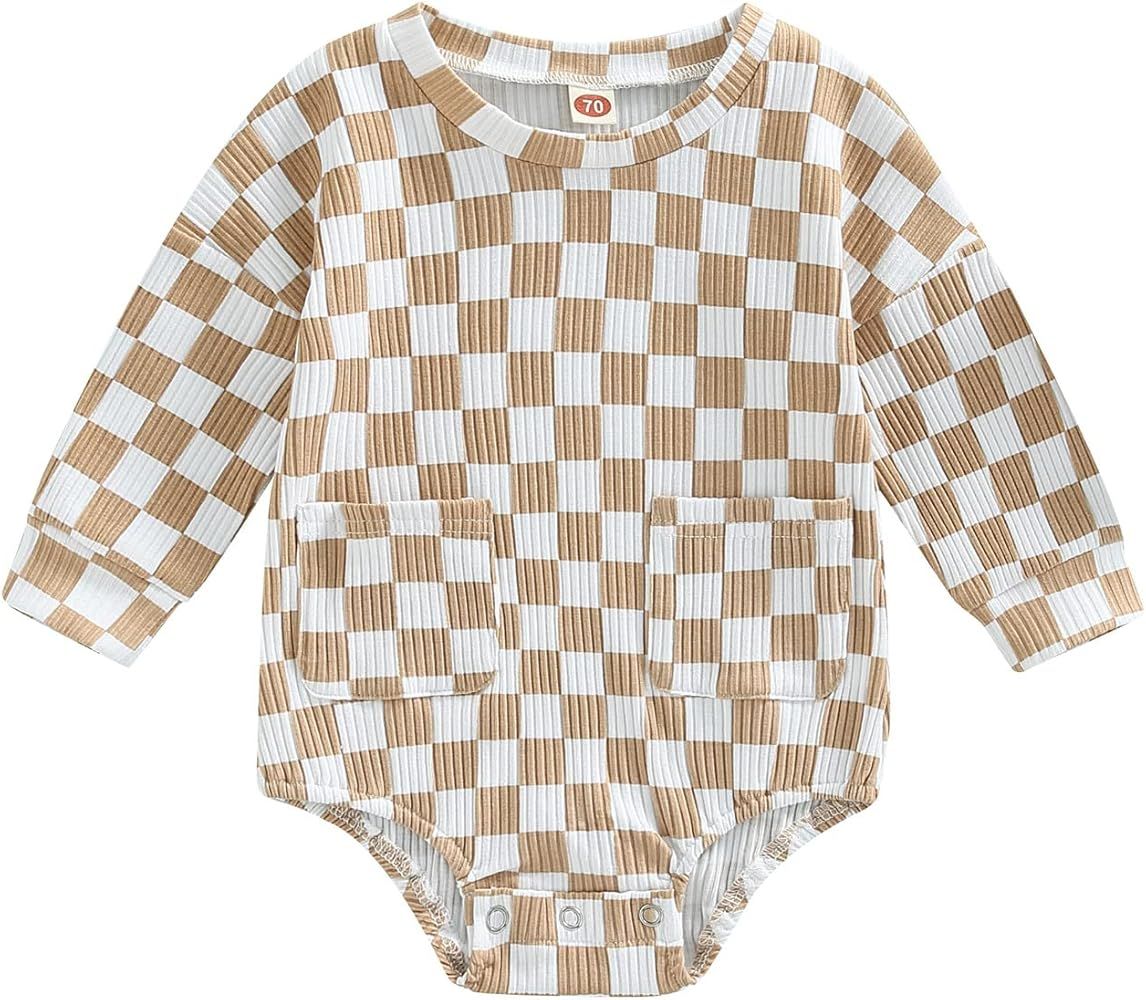 Newborn Baby Boys Girls Checkerboard Print Romper Infant Long Sleeve Plaid Ribbed Bodysuit Jumpsu... | Amazon (US)