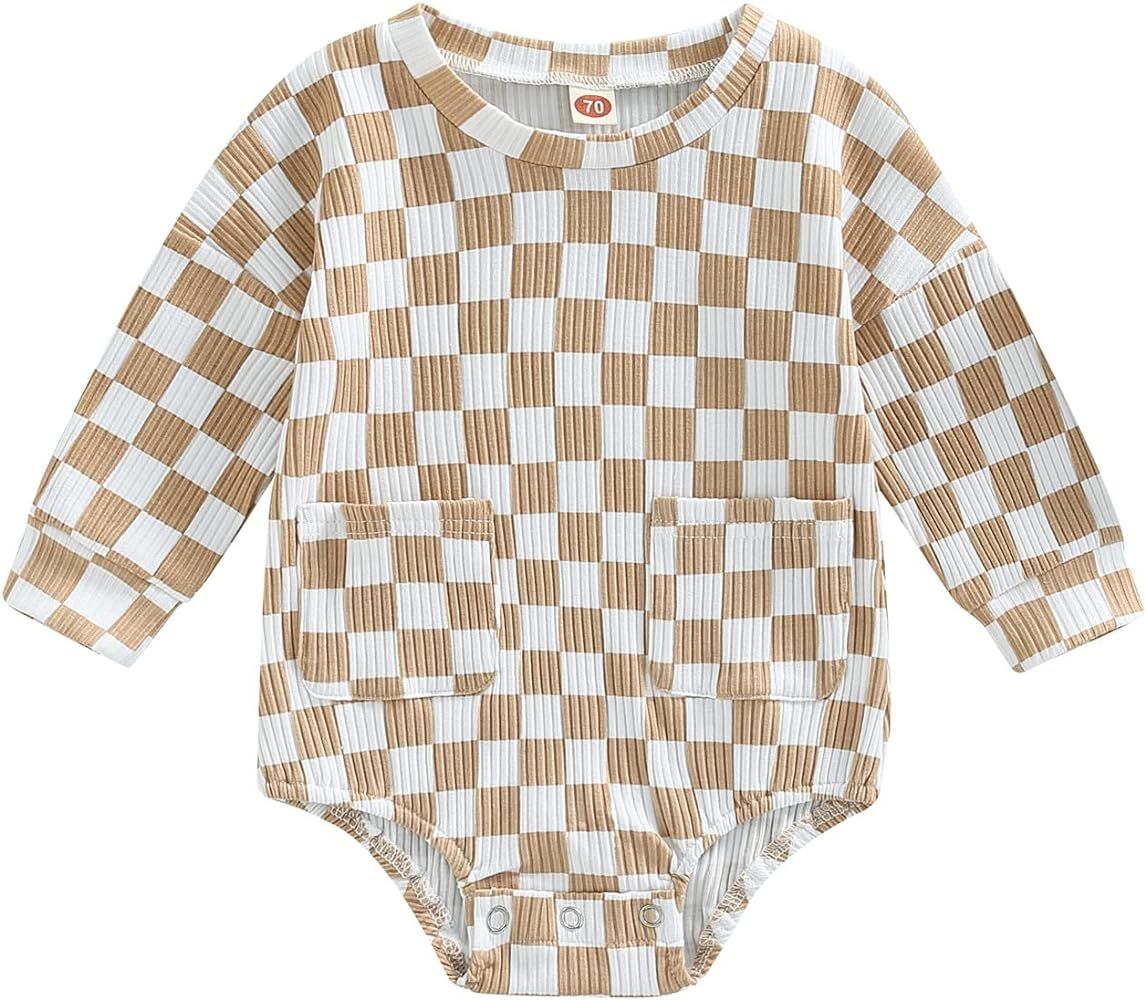 Newborn Baby Boys Girls Checkerboard Print Romper Infant Long Sleeve Plaid Ribbed Bodysuit Jumpsu... | Amazon (US)