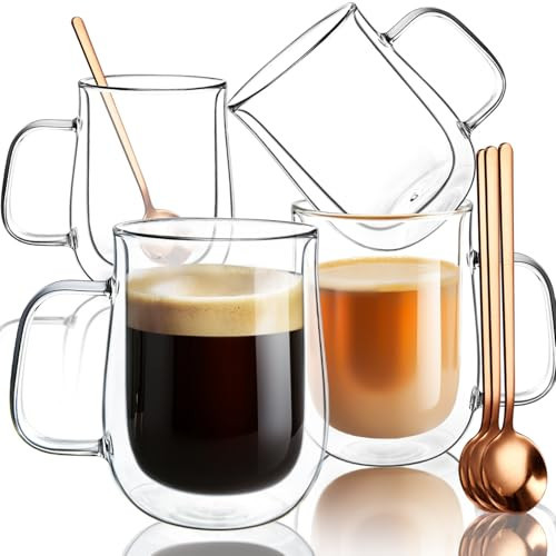 COMOME Double Walled Glass Coffee Mugs 16 OZ, Borosilicate Glass Coffee Cups Set of 4 with Spoons, Insulated Clear Coffee Mug for Hot Beverages, Cappuccino, Latte, Tea Bag. | Amazon (US)