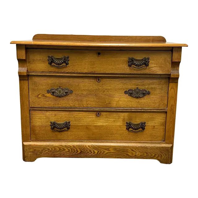 Antique Queen Anne Style Oak Three Drawer Dresser | Chairish