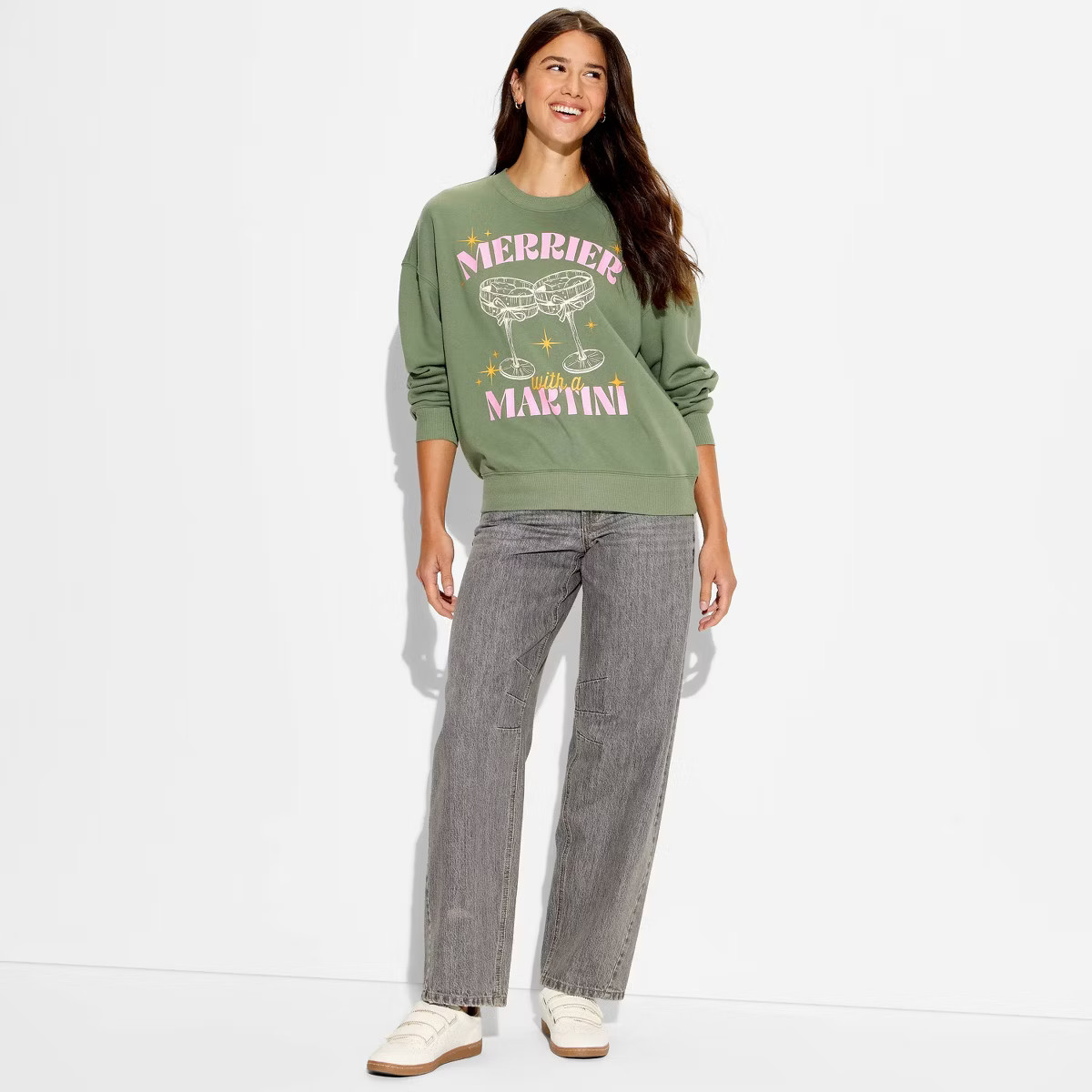 Women's Merry Martini Graphic Sweatshirt - Light Green L | Target