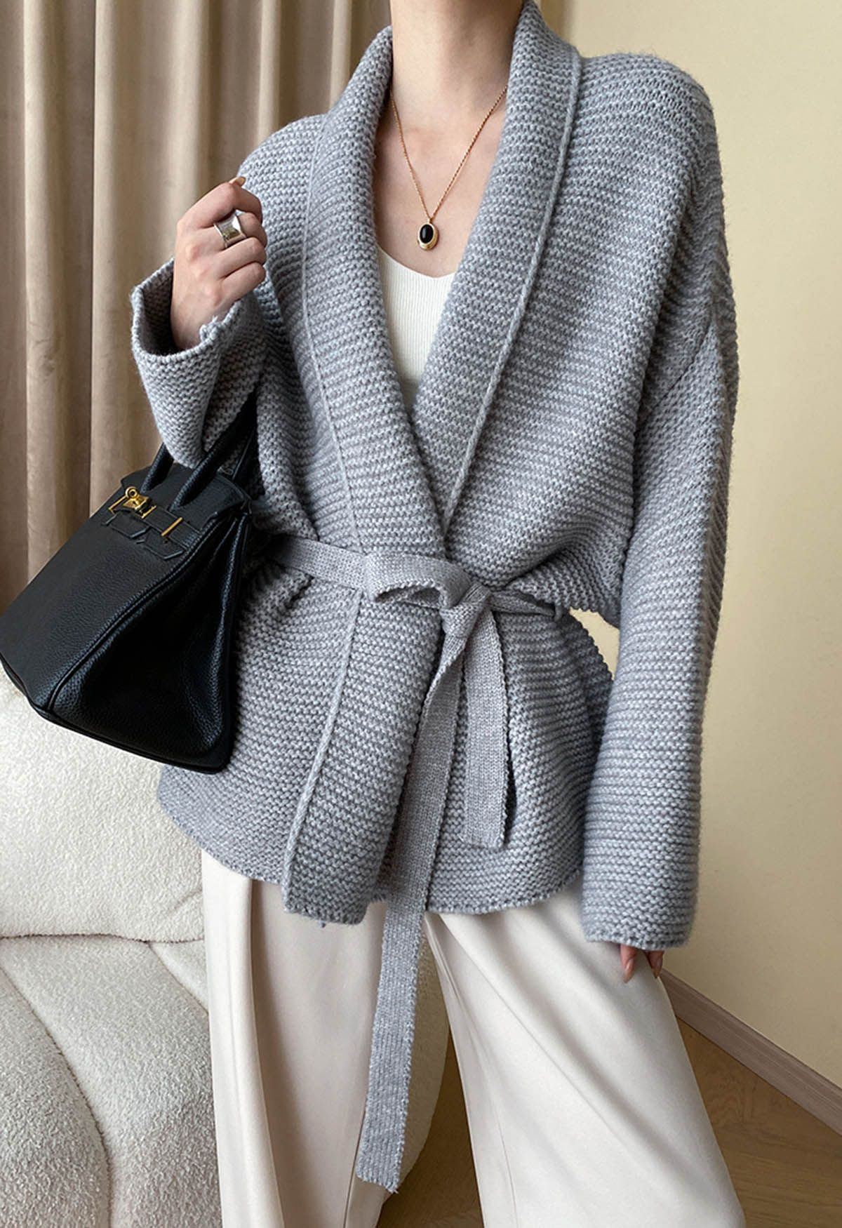 Collared Self-Tie Wrap Waffle Knit Cardigan in Grey | Chicwish
