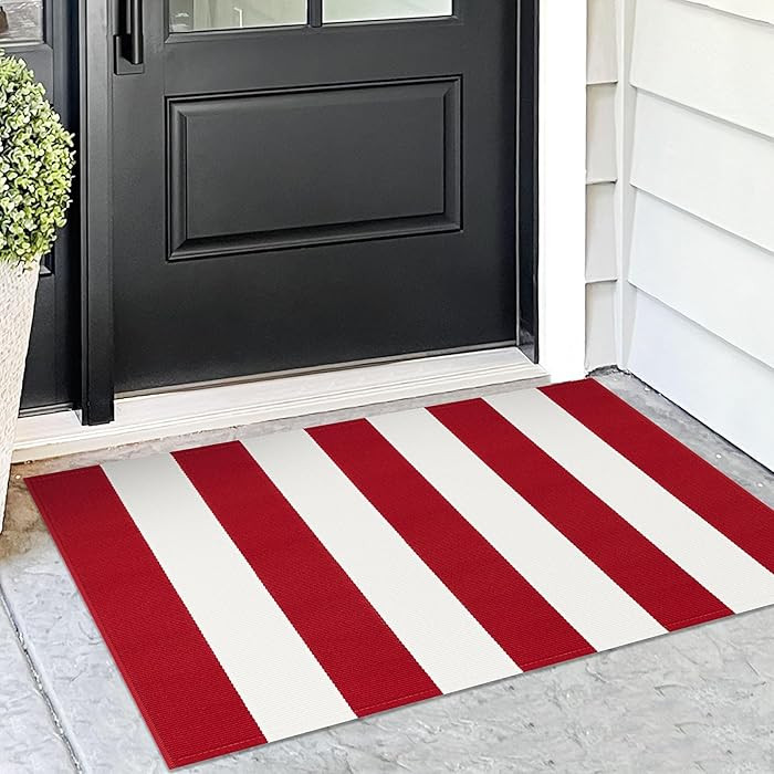 KOZYFLY Red and White Striped Outdoor Rug 24x36 Inches Front Door Rug Hand Woven Christmas Area R... | Amazon (US)