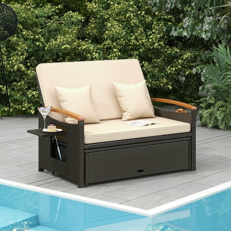 Costway Patio Rattan Daybed Set with Cushioned Loveseat & Storage Ottoman for Porch Beige + Mix Brown | Walmart (US)