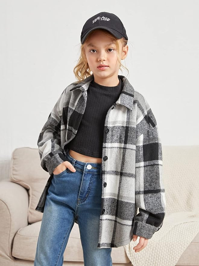 Girls Long Sleeve Flannel Shirts Button Down Plaid Shacket Jacket Casual Collared Shirt Blouses T... | Amazon (US)