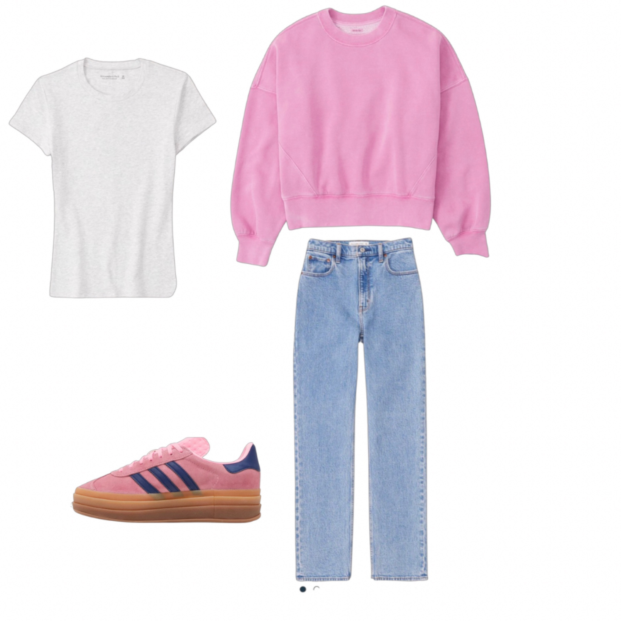 Pretty in pink casual every day outfit- jeans and a crewneck with a gray baby doll T and Adidas sneakers