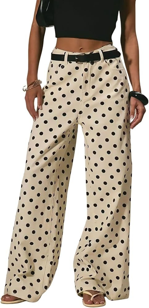 ebossy Women's Retro Polka Dot Printed Denim Trousers Wide Leg Mid Rise Full Length Palazzo Jeans... | Amazon (US)