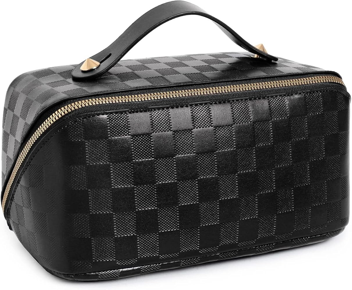 Large Capacity Checkered Makeup Bags Portable Travel Cosmetic Bags Open-Flat Toiletry Waterproof ... | Amazon (US)