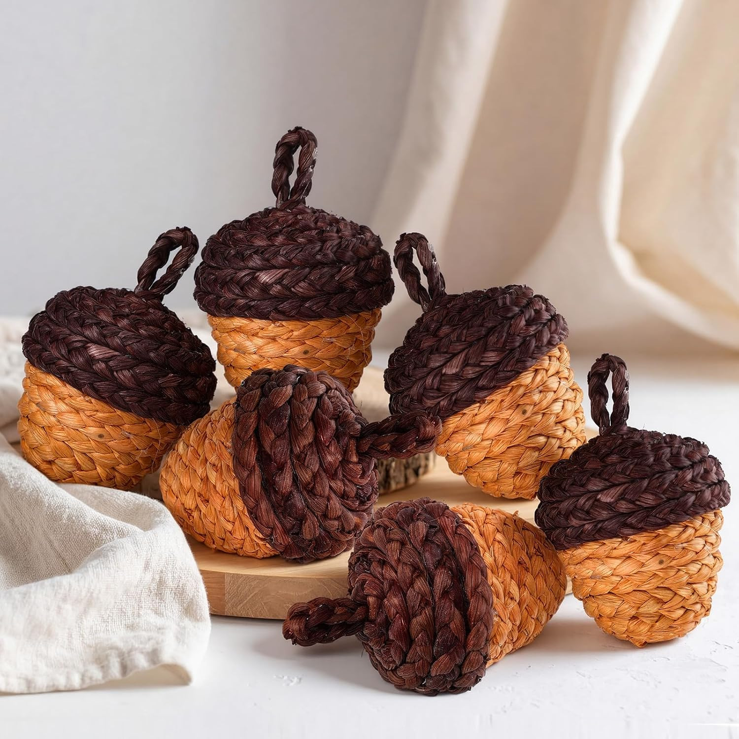 Fuutreo 6 Pcs Fall Rattan Acorn Decor 4" Woven Wicker Corn Husk Acorn | Amazon (US)