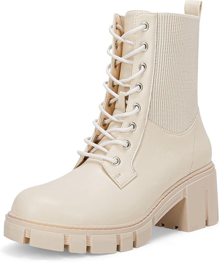 Womens Lug Sole Platform Combat Boots Lace Up Chunky Block Heel Ankle Booties | Amazon (US)