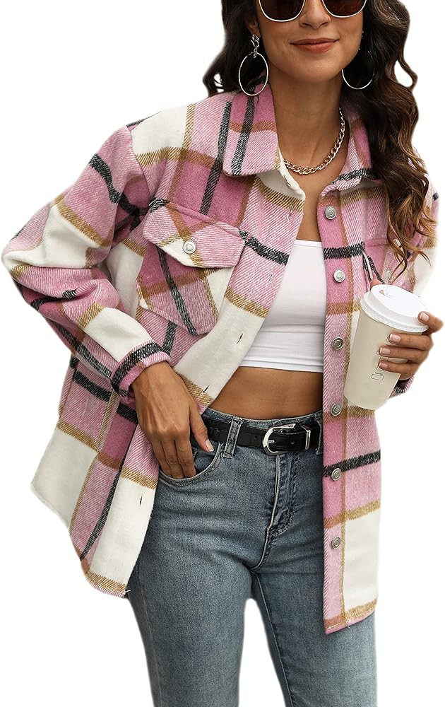 Yeokou Women's Vintage Plaid Flannel Brushed Wool Blend Button Down Shacket Shirts | Amazon (US)