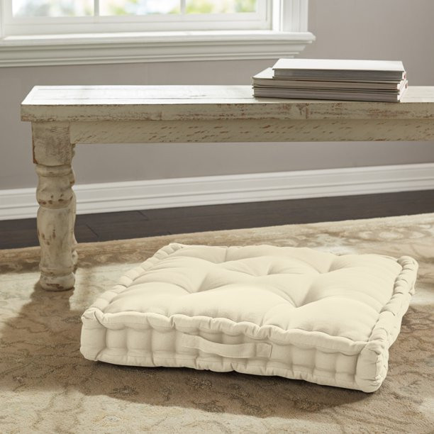 Better Homes & Gardens Cotton Canvas Tufted Square Floor Cushion, Cream | Walmart (US)