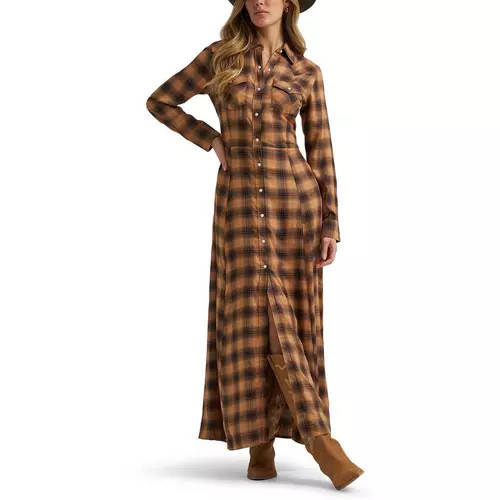 Women's Wrangler Western Plaid Long Sleeve Maxi Shirt Dress | Scheels Sports