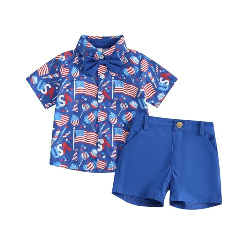 FYBITBO Toddler Baby Boy 4th Of July Outfits Gentleman Short Sleeve Button Down Shirt Dress Shorts Fourth of July Clothes Set (American Flag Outfit-Blue, 3-4T) | Amazon (US)