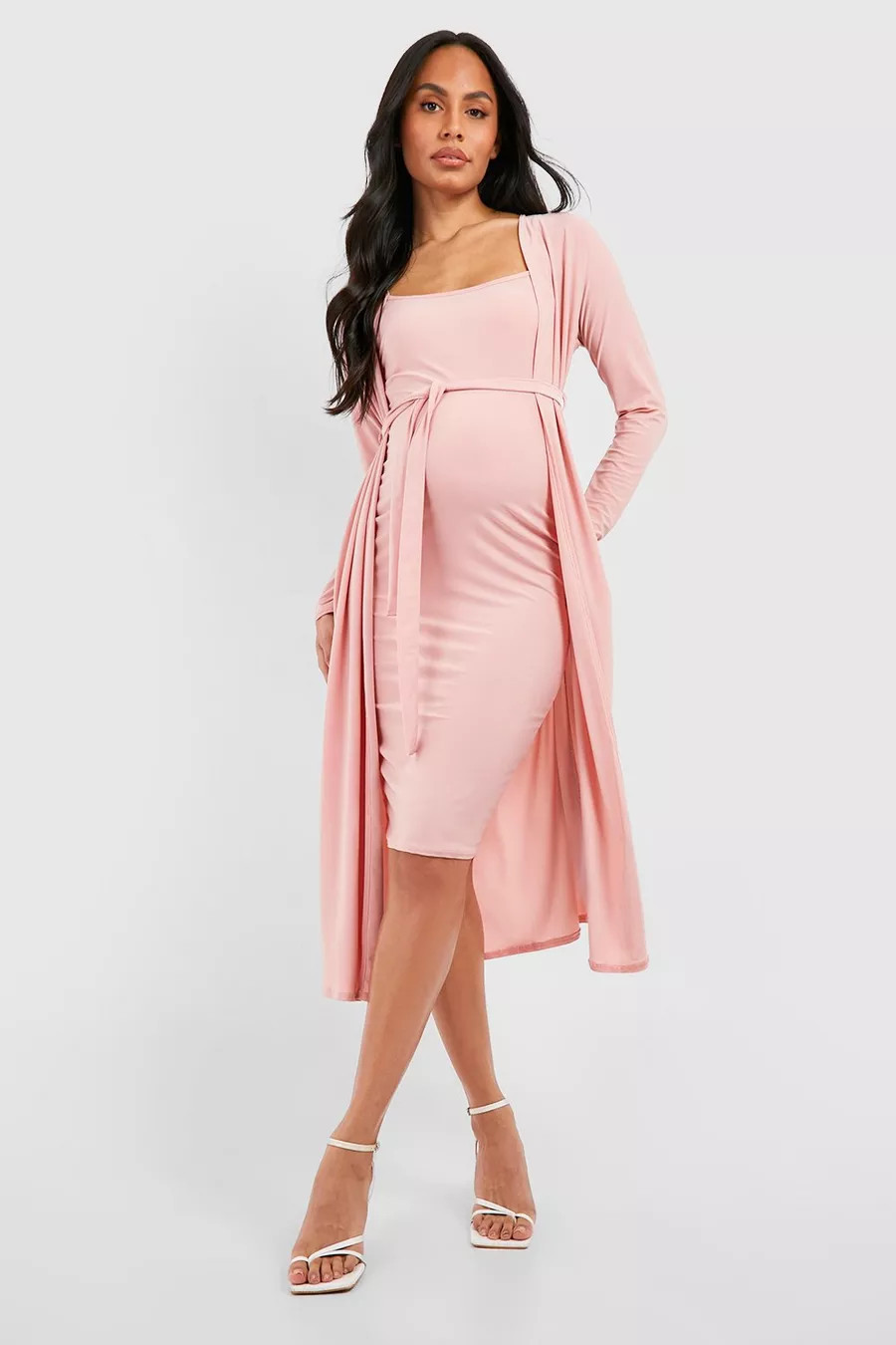 Maternity Strappy Cowl Dress And Belted Duster Coat | Boohoo.com (US & CA)