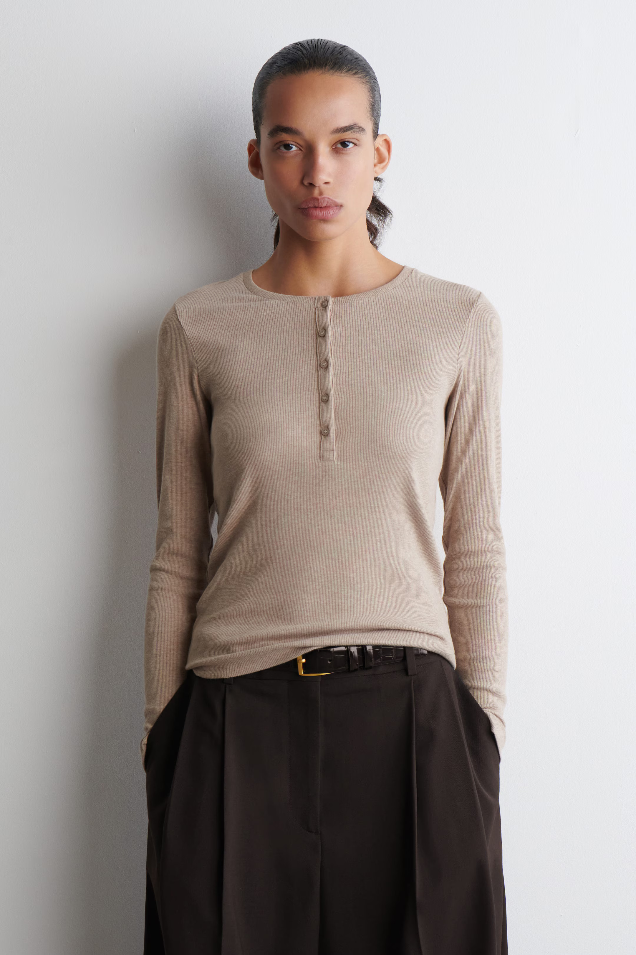 LONG-SLEEVED HENLEY TOP - BEIGE MÉLANGE | COS | COS UK