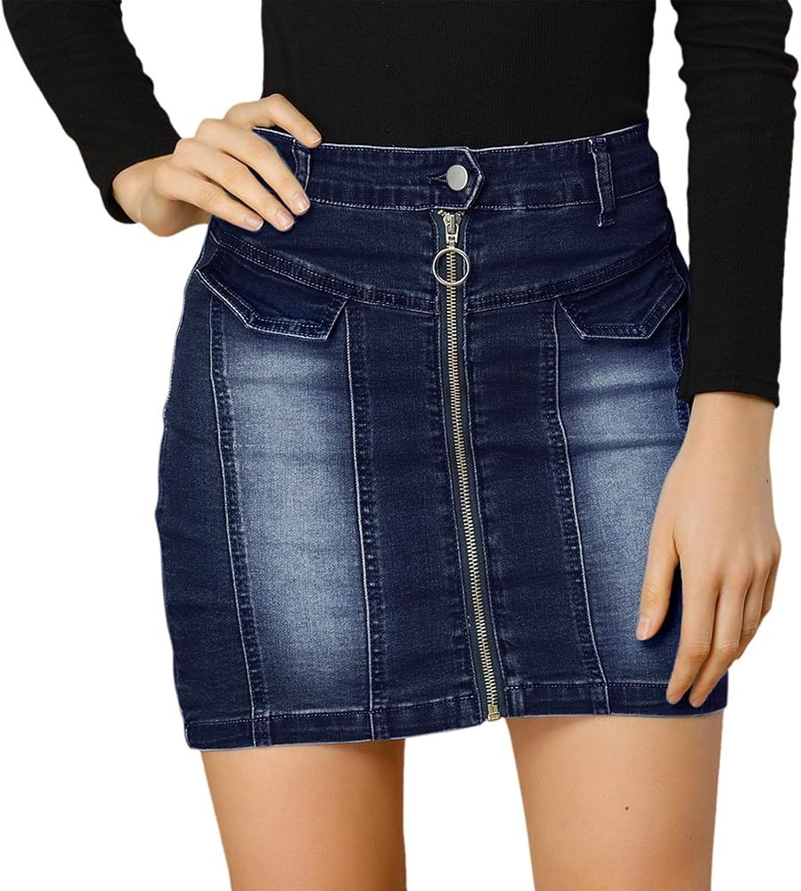 Allegra K Women's Denim Skirts Zip Front Slim Fit High Waist Mini Jean Skirt | Amazon (US)