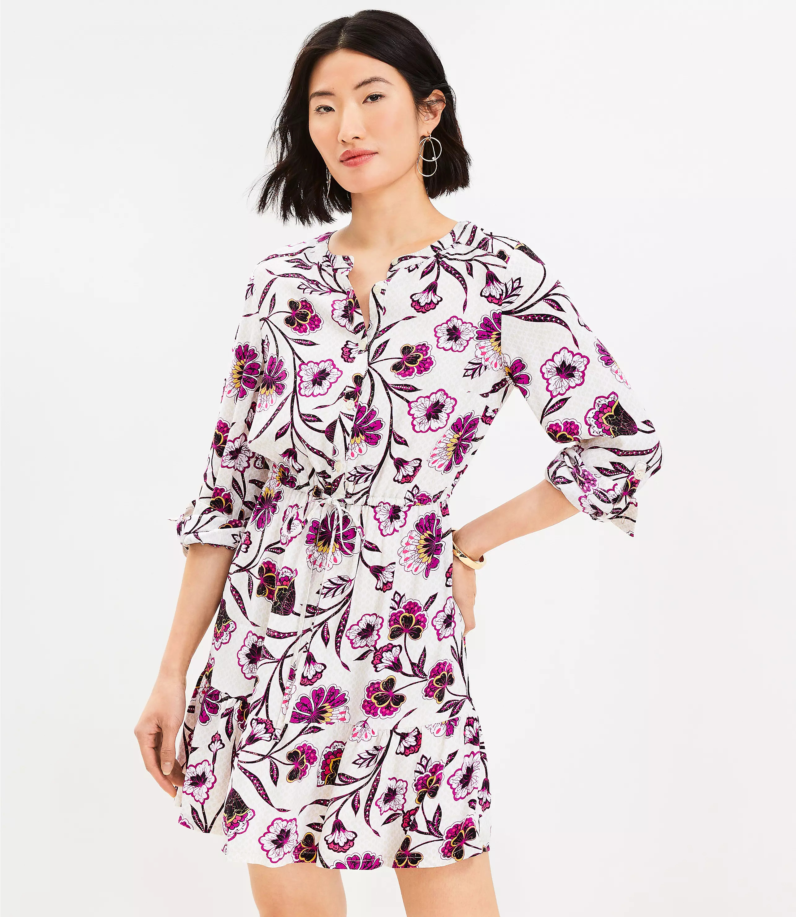 Botanical Tab Sleeve Button Flounce Dress | LOFT