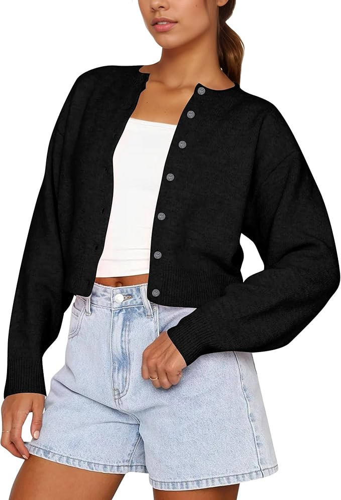 Women Casual Open Front Button Down Cropped Cardigan Sweaters Y2k Crewneck Long Sleeve Fall Knitw... | Amazon (US)